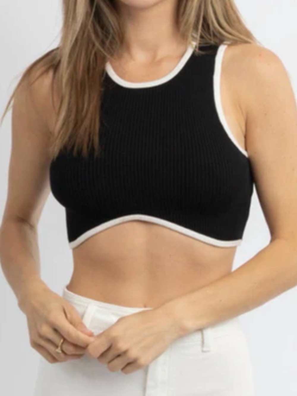 Black Ribbed Crop Tank with White Trim